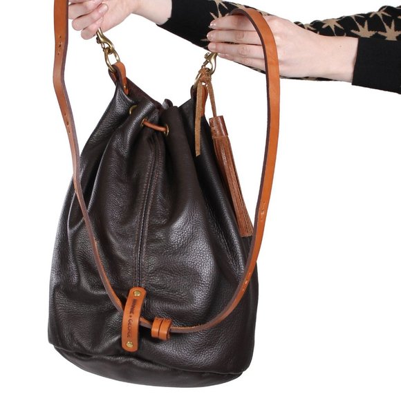 Handmade Leather Drawstring Bucket Bag - Picture 2 of 5